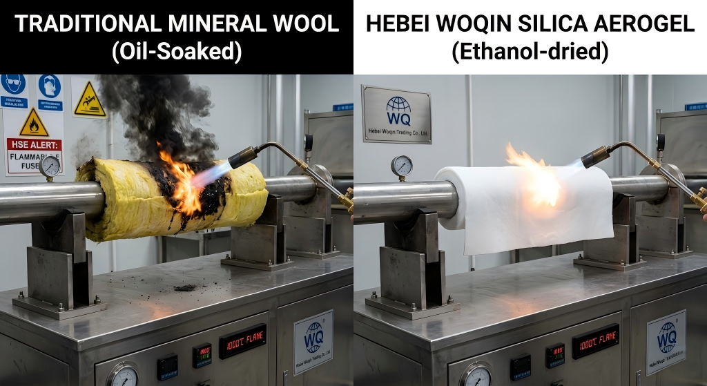 A side-by-side laboratory fire test comparison on a pipeline. Left: Oil-soaked traditional mineral wool insulation catches fire and emits heavy toxic black smoke under a 1000°C blowtorch. Right: Hebei Woqin's ethanol-dried silica aerogel blanket remains pure white, pristine, and fully intact under the identical 1000°C flame, showcasing extreme A1 non-combustible safety for industrial plants.