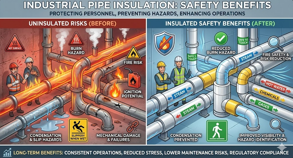 Cutaway comparison of pipe insulation showing cracked, dust-shedding CO2-dried aerogel requiring heavy respirators versus intact, dust-free Woqin ethanol-dried aerogel requiring only standard dust masks