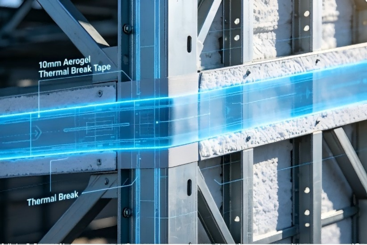 10mm Aerogel Thermal Break Tape installed on steel stud framing, blocks thermal bridging and meets ASHRAE 90.1 energy code for North American steel frame construction