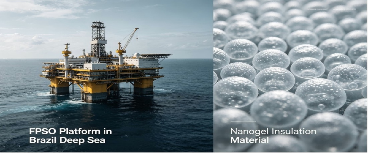Split view of a Brazil deep sea FPSO offshore platform and nanogel insulation material, delivering advanced thermal protection for deepwater oil and gas flow assurance.