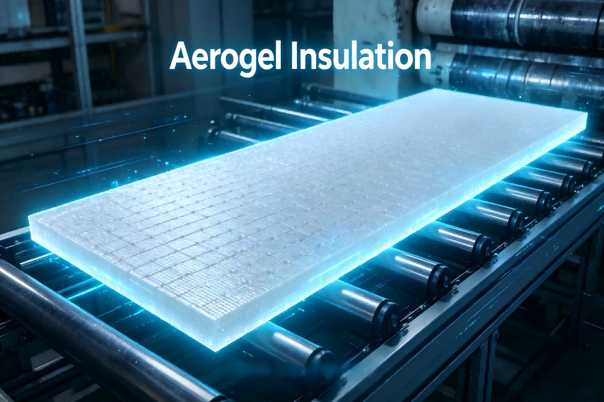 Aerogel insulation panel on a futuristic production line, highlighting its ultra-thin 60mm core structure with the text 'Aerogel Insulation' and '60mm Ultra-Thin Core