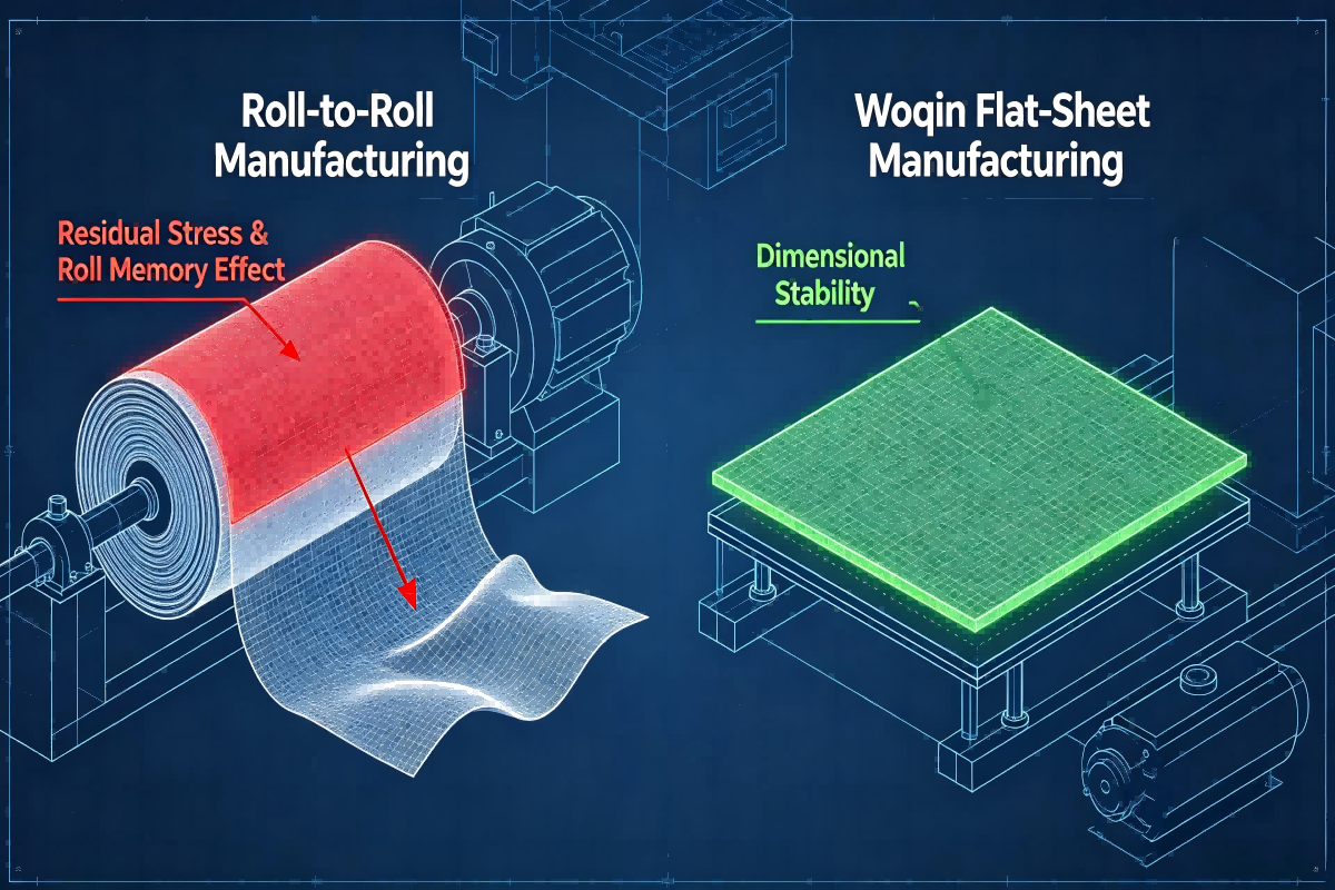 Technical diagram showing flat-sheet aerogel manufacturing process for BESS thermal pads, highlighting how the process mitigates roll memory effect and reduces pad warping for reliable automated battery assembly.