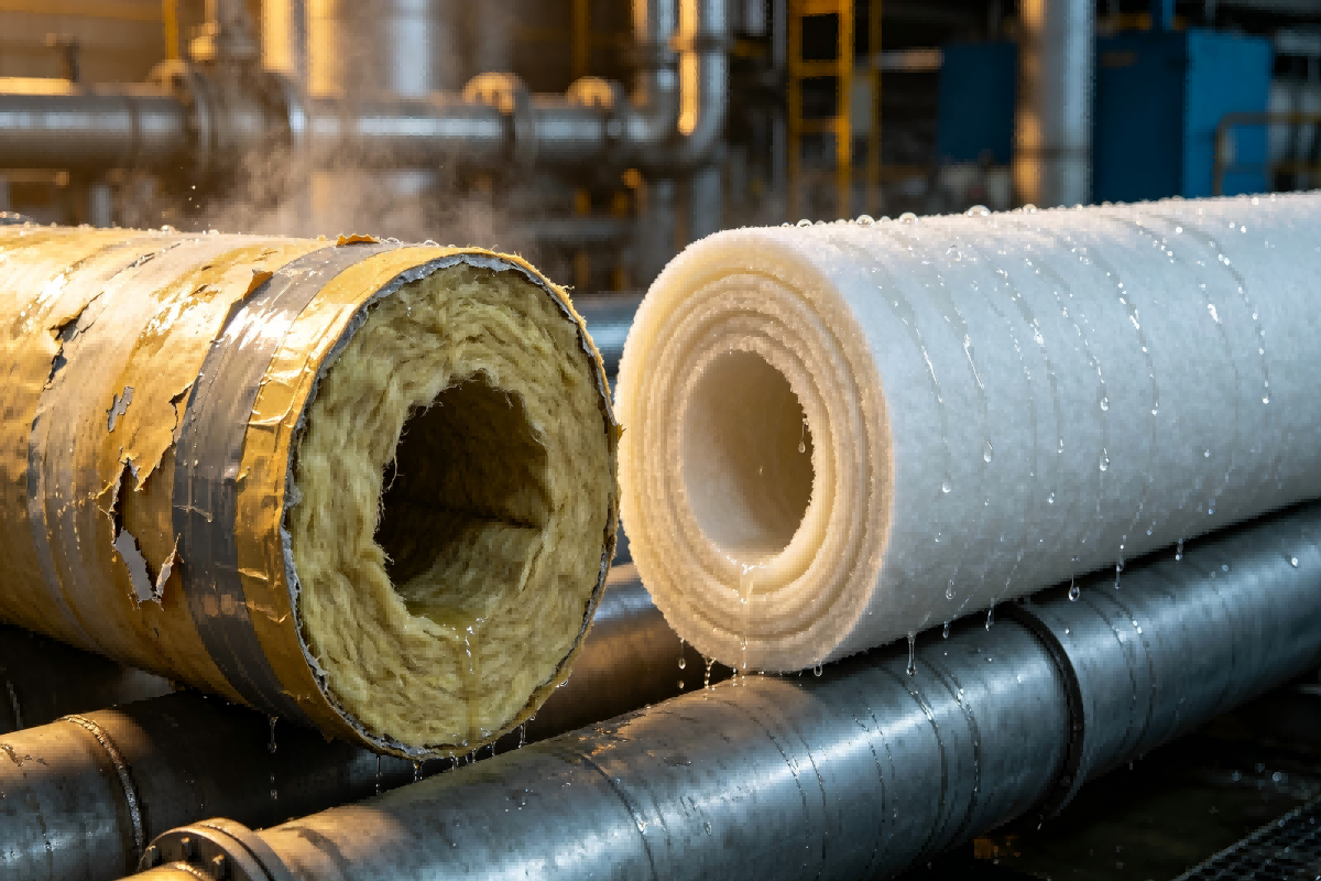 Woqin structural hydrophobic aerogel blanket shows water beading on exposed cut core, eliminating hidden CUI risk in industrial piping insulation