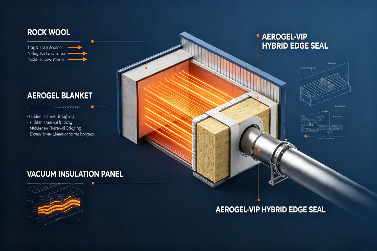 Industrial thermal insulation strategy infographic showing three engineering economic layers: volume game rock wool, lifecycle armor S-Grade aerogel, unforgiving miracle VIP vacuum panels, material selection framework for petrochemical, construction and new energy projects