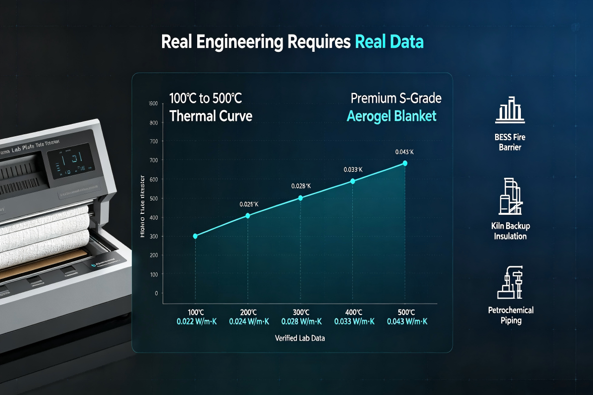 Premium S-Grade silica aerogel blanket 100-500°C thermal conductivity curve, lab tested per GB/T 10294-2008 standard