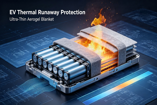 Photorealistic lab burn test showing inorganic aerogel blanket blocking 1000°C directional flame from EV battery cell vent, thermal propagation firewall performance demonstration.