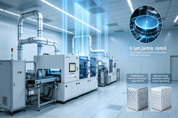 Advanced semiconductor cleanroom illustration showing low-dust aerogel blanket and VIP panel insulation protecting wafer yield, clean airflow, zero contamination, and space-saving pipe network layout.