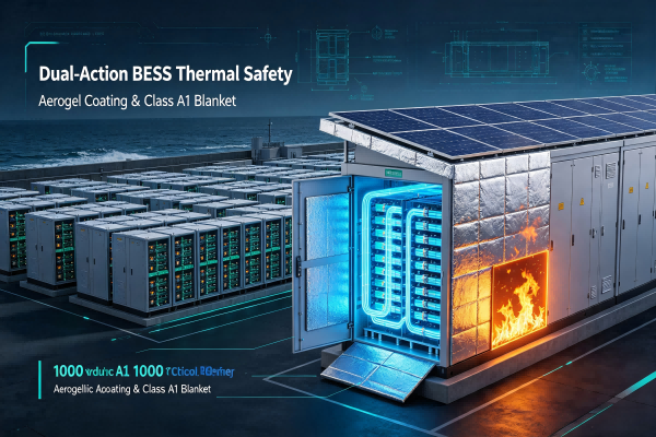 Industrial B2B illustration of outdoor Battery Energy Storage System, showing dense BESS cabinet arrays, exterior aerogel fireproof coating, internal Class A1 aerogel blankets, solar heat reflection and thermal runaway fire protection for Japan and Korea grid energy storage.