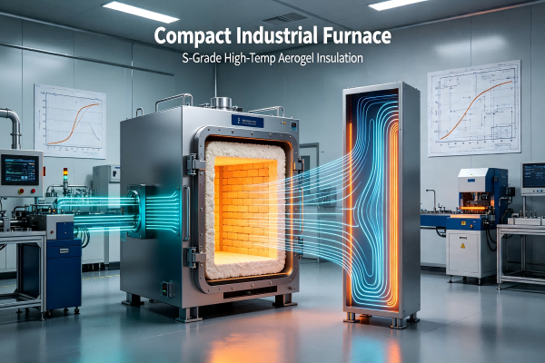 Industrial B2B illustration of compact high-temperature industrial furnace with S-grade aerogel insulation, showing ultra-thin furnace lining, reduced footprint, rapid heating response, and high-performance thermal barrier for precision manufacturing and heat treatment equipment.