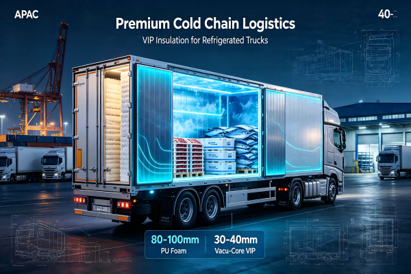B2B industrial visualization of a 40-foot refrigerated transport trailer with Vacu-Core VIP insulation, comparing thin high-performance VIP panels against thick traditional PU foam, showing extra cargo capacity for premium Wagyu beef, bluefin tuna, and deep-freeze cold chain logistics across APAC.