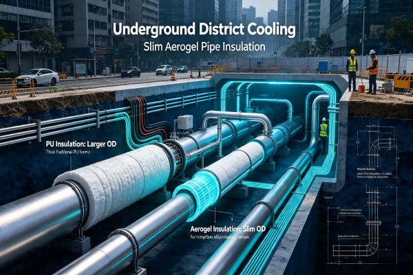 B2B industrial visualization of underground district cooling pipelines inside a compact urban utility tunnel, comparing slim Woqin aerogel pipe insulation against thick traditional PU insulation, highlighting reduced outer diameter, trenchless slip-lining installation, space saving, seismic resilience, and corrosion under insulation prevention for high-density city thermal networks.
