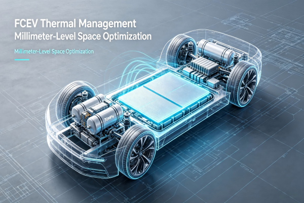 FCEV thermal management hero image showing underfloor chassis, fuel cell stack, hydrogen tanks and ultra-thin insulation layers