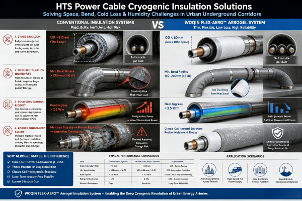 HTS cable cryogenic insulation comparison between conventional bulky jackets and Woqin flexible aerogel blanket for underground corridors
The Deep Cryogenic Revolution of Urban Energy Arteries: The Space Deadlock of Underground Superconducting Cables
Driven by surging demand from urban data centers, high-speed rail and mass electrification, Tokyo and Seoul are leading the global rollout of underground high-temperature superconducting (HTS) cables, which deliver 3–5x the transmission capacity of conventional copper lines within the same footprint. For TEPCO and KEPCO project leaders overseeing grid capacity upgrades, zero-resistance superconducting technology is no longer a laboratory concept — it is the only viable path to meeting megacity power demand without tearing up entire city blocks.



Yet from TEPCO’s Yokohama HTS demonstration project to KEPCO’s Jeju Island commercial transmission line, the single greatest deployment bottleneck is not the superconducting tape itself, but the bulky, rigid liquid nitrogen insulation system that surrounds it. HTS cables must operate continuously at -196°C submerged in flowing liquid nitrogen, but the dense, winding utility tunnels beneath Tokyo and Seoul were never designed for thick, inflexible cryogenic piping. What was once a secondary procurement decision has become the make-or-break factor for project approval, construction timeline and the long-term economic case for superconducting grids.



Core Pain Points of Conventional HTS Cryogenic Insulation Systems
1. Underground Corridor Space Gridlock – Bulky Insulation Jackets Block Deployment Paths
Utility tunnels beneath central Tokyo and Seoul are already saturated with power, telecom, water and sewage lines, leaving minimal cross-sectional margin for new infrastructure. Existing power duct banks typically have internal diameters of only 150–200mm. Conventional rigid vacuum-insulated pipe jackets with multi-layer radiation shields and stainless steel casings commonly exceed 110mm in outer diameter, limiting installations to just 1–2 circuits per duct and wasting the core capacity advantage of superconducting technology. Traditional foam and fibrous cryogenic insulation requires 50–100mm of thickness to meet liquid nitrogen performance targets, expanding overall jacket diameter so far that installation inside existing ducts becomes physically impossible.



The consequences are project-defining: high-capacity superconducting lines must be rerouted through less dense suburban corridors, increasing route length by 30% or more and driving exponential growth in civil works and material costs. Full tunnel expansion requires extensive road excavation, disrupting urban traffic and commercial activity and delaying project permitting and construction by 1–2 years.



2. Bend Installation Engineering Nightmare – Rigid Insulation Cracks at Every Corner
Urban underground utility networks are not straight. They feature numerous 90° elbows, S-shaped detours around legacy utilities and junction chamber transitions. Conventional rigid cryogenic insulation systems require a minimum bend radius of roughly 10x the pipe diameter — typically over 600mm — making them fundamentally incompatible with the tight turning radii of older city tunnel layouts.



Rigid foam insulation becomes even more brittle at deep cryogenic temperatures, cracking and delaminating completely when forced around curves. Prefabricated vacuum-insulated elbow fittings require precision field welding, with joint heat leakage 3–5x higher than straight sections. Uncontrolled thermal bridging at bends causes localized liquid nitrogen vaporization spikes that overload refrigeration systems.



Project teams are forced to add extra straight access shafts to accommodate rigid insulation geometry, reducing effective tunnel utilization and driving up construction complexity and cost. Inconsistent heat leakage also forces oversized refrigeration system sizing, raising both capital equipment expense and ongoing operational energy consumption.



3. Cold Loss Control Rigidity – Excessive Heat Leak Erodes Superconducting Economic Value
The core value proposition of superconducting transmission is near-zero electrical resistance and ultra-low line losses. That advantage is directly eroded by the energy consumption of the liquid nitrogen refrigeration system. Industry design standards target heat ingress below 2.5 W/m; once insulation failure drives heat leakage above this threshold, refrigeration power consumption climbs from 3–5% of transmitted power to over 10%, eliminating the economic benefit of superconducting technology entirely.



Conventional fibrous insulation materials see thermal conductivity rise significantly at -196°C cryogenic temperatures, delivering far higher heat leakage than their room-temperature ratings. Multi-layer vacuum insulation structures suffer gradual vacuum degradation after 3–5 years of buried service, increasing heat ingress by 40–60% and steadily raising refrigeration load year over year. Unresolved thermal bridging at joints and elbows creates uneven heat leakage distribution, causing unstable LN₂ circulation pressure and unreliable system operation.



The operational and financial impacts are significant: annual refrigeration operating costs can exceed budget by 50% or more over the project lifecycle. Severe vaporization spikes can also reduce subcooling margins and trigger superconducting tape quench events, causing grid protection shutdowns and power supply disruptions.



4. Underground Humidity Environment Failure – Moisture Freezing Causes Catastrophic Performance Collapse
Underground utility tunnels operate at constant high humidity, typically above 90% RH, with seasonal water immersion during heavy rain events. When conventional insulation jacketing develops even minor outer jacket damage, moisture rapidly infiltrates the insulation core and freezes solid on the cryogenic pipe surface, expanding volumetrically and shattering the insulation structure from the inside out.



Fibrous insulation materials see thermal conductivity spike by 2–3x after moisture absorption, losing effective cryogenic performance almost entirely. Rigid foam materials crack and delaminate as absorbed water freezes and expands, creating gaps between the insulation and pipe wall that enable convective air flow and further accelerate cold loss. Underground soil and moisture electrochemical corrosion also degrades metal outer jackets, reducing insulation system service life to only 8–10 years — far short of the 30-year design life required for power grid infrastructure.



Full insulation replacement requires full tunnel excavation and coordinated grid outage windows, creating extremely high maintenance costs and scheduling complexity. Repeated freeze-thaw cycling can also cause mechanical damage to the superconducting cable itself, including electrical insulation cracking and superconducting tape displacement.



5. Cryogenic Shrinkage Stress Damage – Thermal Cycling Fatigue Shatters Insulation Integrity
When superconducting cables cool from ambient temperature to their -196°C operating temperature, stainless steel inner pipes experience approximately 0.3% axial shrinkage — equal to roughly 3 meters of contraction per kilometer of line. Conventional rigid insulation is bonded directly to the pipe wall and cannot accommodate this displacement, resulting in widespread delamination and cracking after the very first cooldown cycle.



Fixed adhesive bonds create enormous shear stress during thermal contraction, causing immediate insulation fracture and detachment. Complex expansion joint structures are required at regular intervals, demanding extremely high installation precision and creating concentrated stress failure points. After repeated thermal cycles from startup and shutdown events, the gap between insulation and pipe wall widens progressively, and convective cold loss increases year over year.



Industry field data shows that up to 30% of rigid cryogenic insulation can suffer visible damage after initial cooldown commissioning, requiring extensive rework and delaying project go-live. Long-term thermal cycling fatigue causes steady performance degradation, making it impossible to meet the 30-year no-major-overhaul design requirement for power grid infrastructure.



6. Extremely Low Construction & Maintenance Efficiency – Rigid Prefabrication Slows Project Delivery
Underground construction in dense urban cores operates under extremely tight time windows, typically limited to overnight work shifts, with very confined working spaces. Conventional cryogenic insulation systems require large volumes of prefabricated components, field welding and multi-stage sealing inspection, resulting in very low installation rates that severely constrain project delivery schedules.



Prefabricated vacuum-insulated pipe sections require on-site joint welding and vacuum testing, with typical installation rates of only 10–15 meters per work shift. Rigid foam insulation requires on-site cutting, adhesive bonding and multi-layer jacketing, with highly variable installation quality at irregular joints that depends entirely on worker skill. Underground repair and maintenance requires full removal of the insulation assembly, with post-repair sealing performance rarely matching original factory specifications.



The operational impact is clear: project construction schedules extend by 40% or more, missing critical grid capacity upgrade windows and compromising urban power supply reliability. Maintenance outages are longer and more frequent, reducing overall grid availability.



Woqin S-Grade Deep Cryogenic Aerogel: The Game-Changer for Urban HTS Cable Insulation
Purpose-built for the extreme constraints of dense urban underground superconducting grids, Woqin’s S-grade deep cryogenic aerogel blanket resolves the core tradeoffs between insulation thickness, flexibility, cold loss control and long-term durability that have stalled HTS deployment in Tokyo and Seoul. Verified for continuous service down to -200°C, the inorganic nanoporous material delivers class-leading cryogenic thermal performance, mechanical resilience and installation efficiency across straight runs, curved sections and irregular joints.



1. Ultra-Thin Cryogenic Performance: Minimize Jacket Diameter, Maximize Corridor Capacity
S-grade aerogel blanket delivers industry-leading thermal conductivity at deep cryogenic temperatures, with premium formulations reaching the 0.010 W/(m·K) performance level at -165°C — roughly half that of cryogenic-grade PUR/PIR and one-quarter that of foam glass at equivalent temperatures. This order-of-magnitude advantage reduces required insulation thickness by more than 60% for equivalent cold loss performance, dramatically shrinking the overall outer diameter of the liquid nitrogen jacket assembly.



For a typical 66kV HTS cable assembly, replacing traditional 80–100mm PUR insulation with 30–40mm aerogel blanket reduces the overall jacket outer diameter from over 110mm to approximately 60–70mm, enabling installation inside existing 150mm duct banks that were previously inaccessible. Reclaimed cross-sectional space can be allocated to additional HTS circuit runs, boosting per-tunnel transmission capacity by 2–3x and unlocking the full capacity potential of superconducting technology in constrained downtown corridors. For greenfield projects, the reduced insulation footprint enables smaller tunnel diameters and lower overall civil construction costs.



2. Flexible Conformable Design: Navigate Tight Underground Bends Without Cracking
Unlike rigid vacuum and foam insulation systems that fail at curved sections, the flexible blanket structure of S-grade aerogel supports tight bending radii far smaller than rigid cryogenic insulation. The material retains structural toughness even at -196°C deep cryogenic temperatures, with no brittleness, cracking or delamination after repeated bending and thermal cycling.



It can be wrapped directly in place around elbows, S-detours, junction chamber transitions and irregular joint geometries, eliminating the need for custom prefabricated bend fittings and precision field welding. Conformal wrapping eliminates assembly gaps, removing the thermal bridge hotspots that cause localized vaporization spikes in traditional systems. The flexible format also allows the insulation to be installed concurrently with cable pulling, streamlining installation through winding utility tunnel layouts.



3. Stable Ultra-Low Heat Leakage: Protect the Economic Case for Superconducting Transmission
The nanoporous aerogel structure suppresses gaseous conduction and radiative heat transfer at the molecular level, delivering consistent low heat ingress along full cable runs that beats the industry standard design target of 2.5 W/m. Uniform, gap-free coverage eliminates localized thermal bridges, ensuring even liquid nitrogen vaporization rates and stable circulation pressure across the entire line.



Unlike multi-layer vacuum insulation that suffers 40–60% heat leakage increase after 3–5 years of buried service, S-grade aerogel maintains stable long-term performance with minimal thermal degradation over years of operation. This predictable, low-decay profile enables right-sized refrigeration system design, cutting both upfront capital equipment costs and ongoing operational energy expenses. By maintaining consistent subcooling margins, the insulation also reduces the risk of superconducting tape quench events and unplanned grid protection shutdowns.



4. Hydrophobic Corrosion Resistance: Withstand Long-Term Harsh Buried Service
Built on a pure inorganic nanoporous matrix, S-grade aerogel blanket delivers over 99% water repellency tested per GB/T 10299, maintaining stable thermal performance even if the outer protective jacketing sustains minor damage in damp underground tunnels. Unlike fibrous insulation that absorbs moisture and suffers 2–3x thermal conductivity spikes, the aerogel structure resists water infiltration and prevents internal ice formation, eliminating volumetric freeze-expansion that shatters rigid foam and fiber insulation systems from within.



The inert inorganic substrate is inherently immune to soil corrosion, electrochemical degradation and microbial growth, with a design service life aligned to 30-year power grid infrastructure standards. By forming a continuous moisture barrier around the cryogenic jacket, it also eliminates corrosion under insulation (CUI) risks to the stainless steel liquid nitrogen pipe, protecting cable asset integrity over decades of underground operation. This avoids the 8–10 year replacement cycle common with conventional cryogenic insulation, drastically reducing lifecycle excavation and outage costs.



5. Cryogenic Shrinkage Follow-Up: Thermal Cycling Fatigue Resistance
Unlike rigid bonded insulation that fractures under cooldown stress, the flexible wrapped structure of S-grade aerogel blanket moves synchronously with the pipe as it contracts, absorbing the 0.3% axial shrinkage — roughly 3 meters per kilometer of line — that occurs when cooling from ambient temperature to -196°C. No fixed adhesive bond is required, so no shear stress builds up during thermal cycles, eliminating the root cause of insulation delamination and cracking.



After repeated ambient-to-cryogenic thermal cycling, the insulation retains high structural integrity with minimal performance decay. This eliminates the industry-wide issue of widespread insulation damage during initial cooldown commissioning, cutting rework costs and accelerating project go-live. No complex expansion joint assemblies are required, simplifying system design and reducing precision installation demands, while supporting the long-term no-major-overhaul reliability requirement for utility-grade power infrastructure.



6. Streamlined Installation & Maintenance: Accelerate Urban Project Delivery
Supplied in lightweight roll format, S-grade aerogel blanket can be cut to size on site and wrapped directly in place, delivering significantly higher installation rates per shift than rigid vacuum-insulated pipe and prefabricated foam systems. Irregular joints, terminals and junction chamber transitions can be hand-wrapped without custom prefabricated parts, delivering consistent quality even in confined underground workspaces.



The modular wrapped structure also enables localized repair and maintenance. Insulation can be removed and replaced only at the affected section without stripping the full line, with post-repair performance matching original design specifications. This drastically reduces outage duration for inspection and repair work, a critical benefit for dense urban grids where downtime is tightly restricted and overnight work windows are narrow.



Take the Next Step: Request the HTS Cable LN₂ Insulation Slimming & Flexible Design Whitepaper
For superconducting grid project leaders at TEPCO, KEPCO and urban power utilities across Japan and Korea, the era of choosing between cryogenic performance and underground corridor space is over. Woqin’s S-grade deep cryogenic aerogel blanket unlocks high-capacity HTS deployment in existing cramped urban duct banks, delivering ultra-low cold loss, flexible bend capability and long-term buried service reliability.



Request your exclusive HTS Cable Liquid Nitrogen Insulation Optimization Whitepaper today:

The whitepaper includes detailed thickness-to-performance comparisons across conventional foam, vacuum and aerogel insulation systems, minimum bend radius design guidelines for curved tunnel sections, lifecycle cold loss decay modeling, and best practices for underground urban corridor installation. Our cryogenic thermal engineering team also provides project-specific thermal calculation, custom layout design and prototype validation support for live superconducting grid upgrade programs.



Contact the Woqin cryogenic power grid materials division today to request sample materials and full project documentation.



Contact
Ruibin An, CEO, Hebei Woqin Trading Co., Ltd.
Email: an@cn-aerogel.com
Call / WhatsApp: +86 13933929092
Website: www.cn-aerogel.com



Disclaimer
All technical performance data including cryogenic thermal conductivity, water repellency, service life and installation rates is derived from standardized third-party laboratory testing under controlled conditions and industry-accepted material performance characteristics. Actual in-situ performance will vary based on specific tunnel geometry, soil conditions, installation quality, operating cycles and maintenance practices. This document is for engineering reference only and does not constitute formal utility-grade component certification or project design guarantees. All insulation systems for superconducting grid applications must undergo independent project-level validation, on-site testing and compliance verification in accordance with local power grid construction codes and relevant industry standards prior to full-scale deployment.


