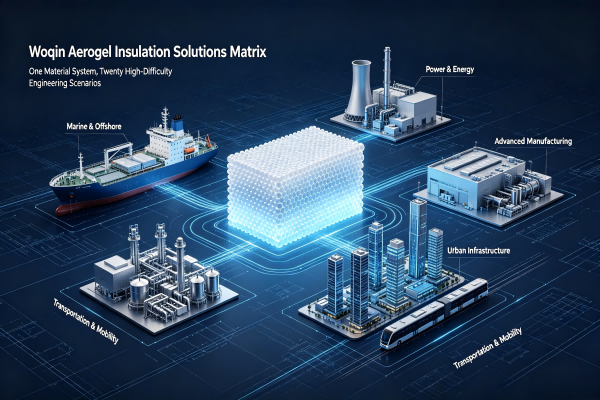 Industrial B2B hero illustration of Woqin full-industry aerogel insulation solutions matrix, showcasing 5 core sectors: marine & offshore, power & energy, advanced manufacturing, urban infrastructure and transportation, with aerogel blankets and VIP vacuum panels for high-end industrial markets in Japan and South Korea