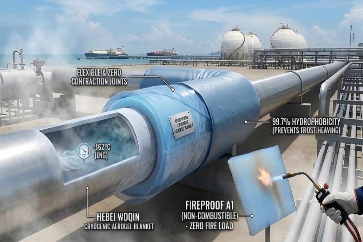 Cutaway view of Woqin cryogenic aerogel blanket applied to -162°C LNG piping at a coastal Southeast Asia terminal, demonstrating flexible contraction-joint-free installation, 99.7% hydrophobicity for frost heaving prevention, and Class A1 non-combustible fire performance