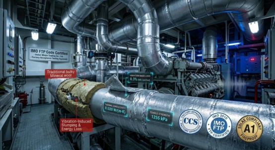 Side-by-side comparison of vibration-sagged rock wool and CCS-certified Woqin aerogel insulation on ship engine room exhaust piping, demonstrating SOLAS A1 fire safety, 0.3% vibration mass loss, low thermal conductivity and saltwater CUI resistance for marine vessels