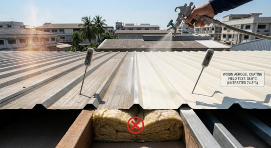 Field test of Woqin Aerogel Cool Roof Coating on industrial corrugated metal roof, showing temperature comparison: 38.6℃ on coated surface vs 74.3℃ on untreated surface, replacing ineffective traditional fiberglass insulation