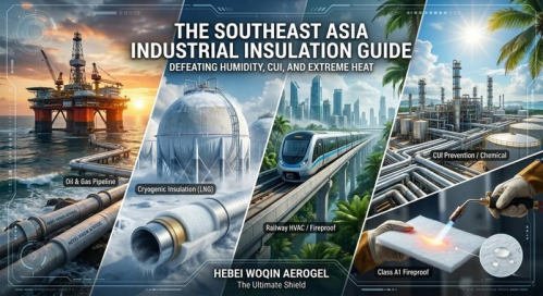 Hebei Woqin Southeast Asia Industrial Insulation Guide banner, presenting aerogel thermal management solutions for oil & gas pipelines, LNG cryogenic insulation, railway transit and Class A1 fire protection across tropical regions